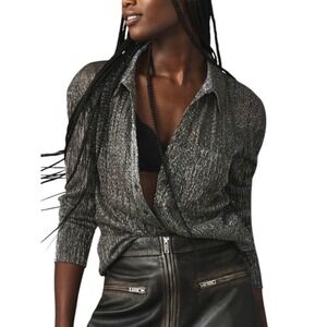 Pilcro Button Down Shirt Silver Metallic Party Chic Shimmer Pleated XXS